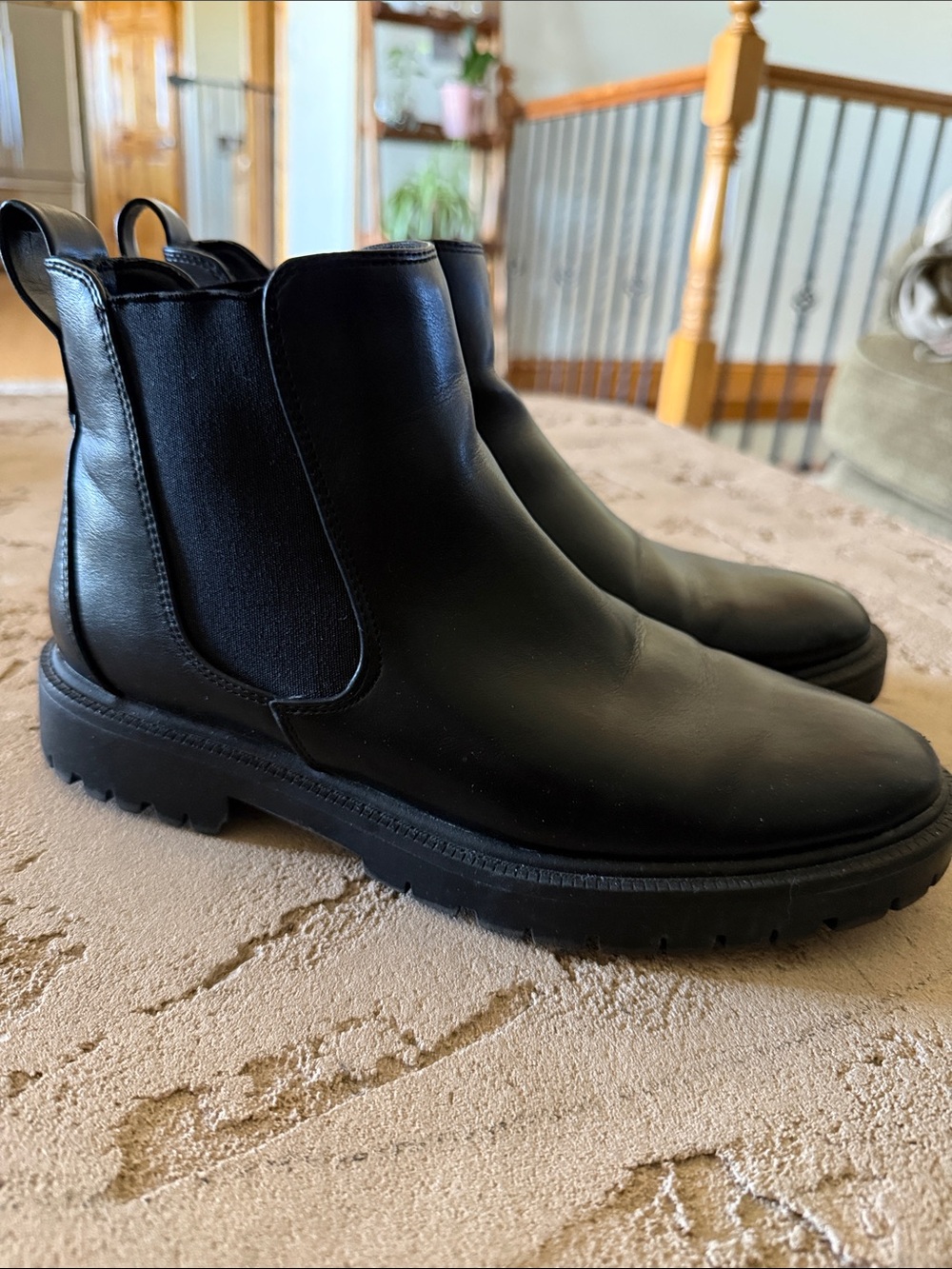Women's Black Leather Chelsea Combat Boot with Lug Sole